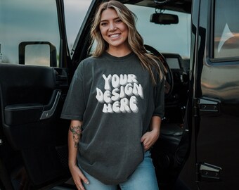 Pepper Comfort Colors C1717 female Mockup, Jeep girl shirt mockup, Car shirt mockup, gray shirt mocks