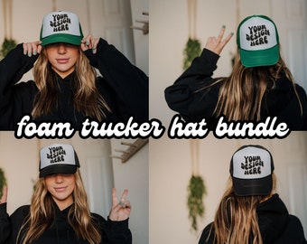 Hat Mockup Bundle, Black and Green Foam Trucker Hat Mock Up Bundle, Otto Cap Mockups, Black and White Hat Mock ups Female
