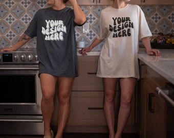 Gildan 64000 mockup, dark heather and natural shirt mockup, Mockups in the kitchen, Oversized Tee Mock, Blank Gildan 64000, Gildan G640