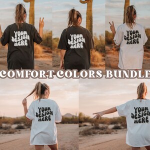 May include: Five different color t-shirts with the text "YOUR DESIGN HERE" printed on the back. The t-shirts are shown on models in a desert setting. COMFORT COLORS BUNDLE is written in brown text at the bottom of the image.