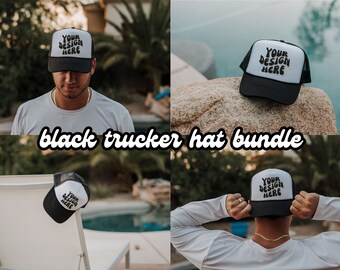 Hat Mockup Bundle, Black Foam Trucker Hat Mock Up Bundle, Otto Cap Mockups, Black and White Hat Mock ups Male
