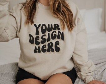 Gildan 18000 Sand Mockup, Gildan sand sweatshirt Mockup, crewneck model sweatshirt, female sweatshirt mocks, 18000 sand