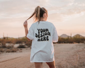 Comfort Colors C1717 female Mockup, Desert Sunset shirt mockup, back of shirt mocks, comfort colors oversized tee mockup C1717