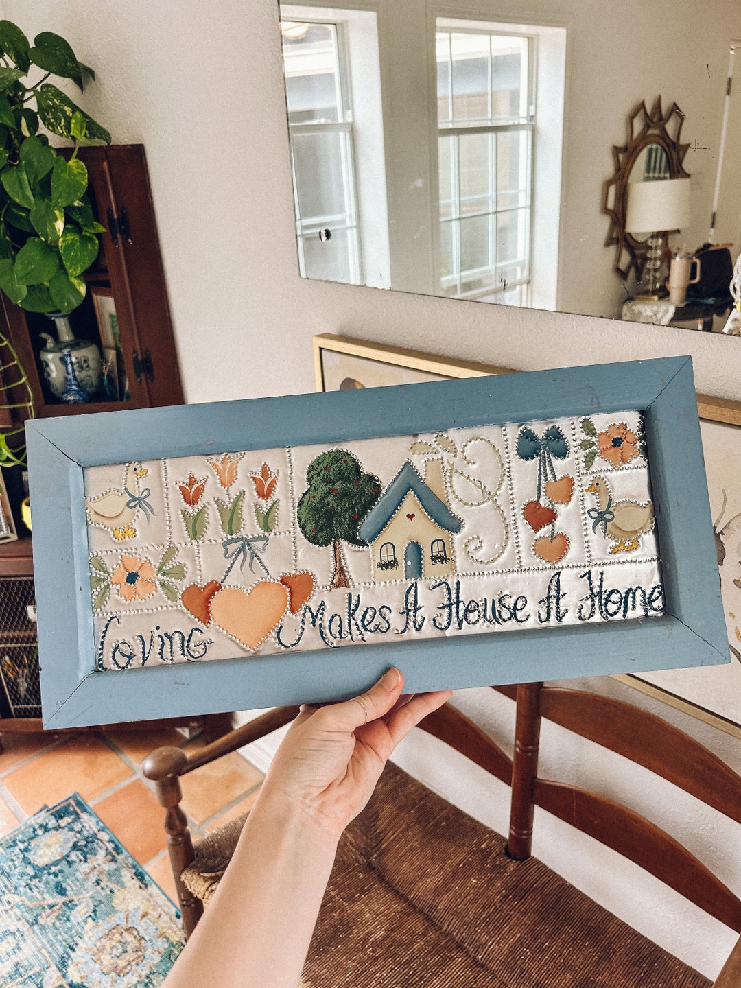 Vintage Country Wall Decor With Blue Ribbon Geese. Wooden Country