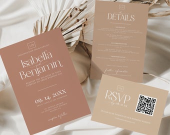 Terracotta Wedding Invitation Template | Minimalist Burnt Orange Wedding Invite | Desert Wedding Invite | Editable Rust QR Code RSVP | T3.1