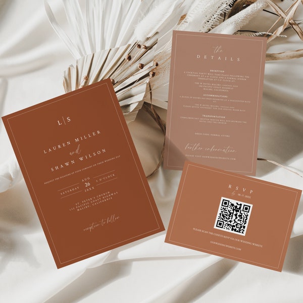 Terracotta Wedding Invitation Template | Minimalist Burnt Orange Wedding Invite | Desert Wedding Invite | Editable Rust QR Code RSVP | T3