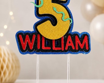 Any name and age glitter cake topper with personalised additions. Glitter custom cake toppers for any name and age. Party cake toppers
