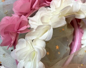 Large chiffon flower hair band in cream and dusky pink for flower girls and photoshoots. beautiful event hairbands for little girls.