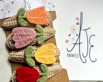 Autumnal Knitted flower hairclips in a variety of colours. fall hair accessories for children on cable knit hairclip. brown and floral