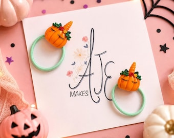 Little toddler hair bobbles with cute unicorn pumpkins. Small hair bands for babies and toddlers.  Halloween hairbobble. Pumpkin hairband