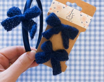 Navy school uniform bow set. Soft pretty navy school uniform headband and hairclip set. Blue school bow hairband and clips. Bow navy hair
