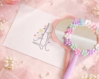 Personalised mirror. Children’s mirror with name on. Pink and purple personalised mirror for little girls. Childrens mirror with name on.