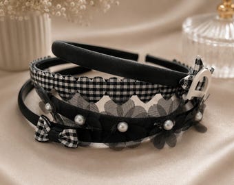 Black Gingham Hairbands for Children: Satin, Bows, Pearls, Initials (Set)