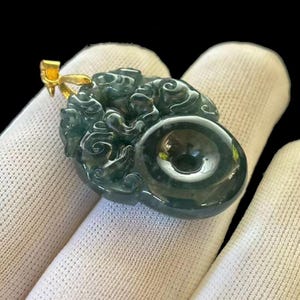 Natural Translucent Dark Green Jade Jadeite Carved 'Money Cloudy Pattern' Pendant, Free Necklace