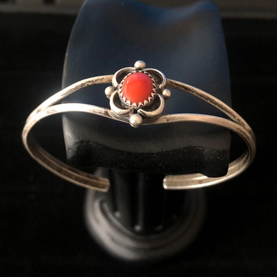 Red Coral 925 Sterling Silver Cuff Bracelet Bangl… - image 1