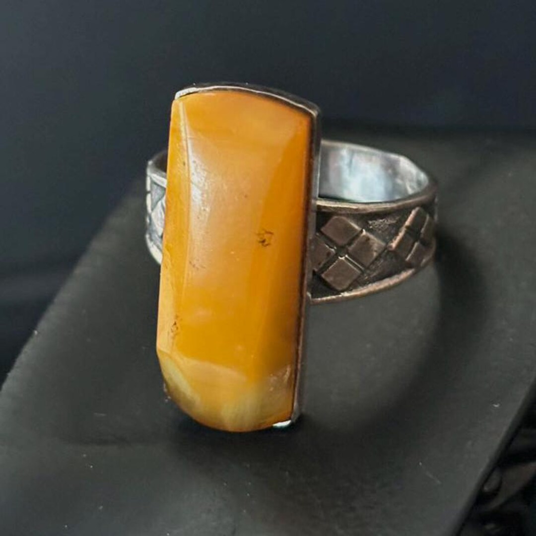 European Antique Egg Yolk Natural Baltic Amber 875 Silver Ring, Stamp ...