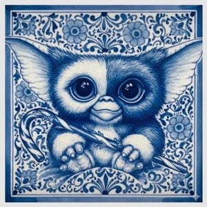 Azulejo Gizmo "Delft Blue" - Gremlins Fan Art | Cerámica Decorativa 11x11 cm | Estilo Tradicional Holandés Retro