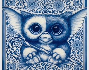Płytka Gizmo „Delft Blue” – fanowska grafika Gremlins | Ceramika dekoracyjna 11x11 cm | Styl holenderski retro tradycyjny