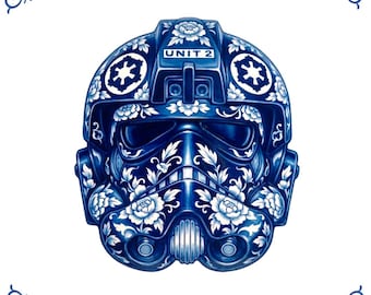 Keizerlijke helmtegel "Unit 2" - Blauw-wit bloemmotief porseleinstijl - Luxe Star Wars-kunst