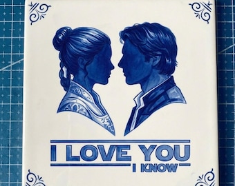 Azulejo Decorativo "I Love You - I Know" | Siluetas Románticas | Estilo Cerámica Tradicional Azul y Blanco | Regalo de Aniversario Friki