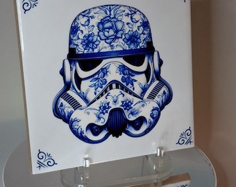 Stormtrooper Helmet Tile: Traditional Blue and White Ceramic Style - Star Wars Art for Collectors - Luxury Geek Decor
