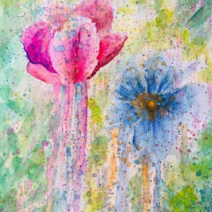 Handgemaakte roze en blauwe aquarel bloemen, geschilderd boeket voor haar, lentekleuren, kinderkamer cadeau voor hen