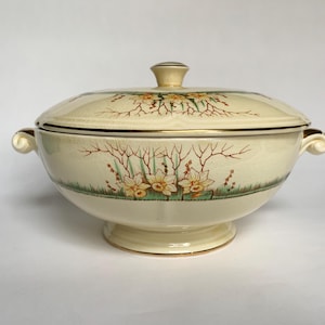 Plato antiguo para servir verduras con tapa Fielding & Co Crown Devon Springwood, década de 1930, fabricado en Inglaterra.