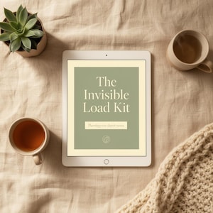 以下が含まれることがあります： セージグリーンの画面に白い文字で「The Invisible Load Kit」と表示されたタブレット。鉢植えの小さな多肉植物、紅茶が入った2つのセラミック製マグカップ、クリーム色のニットブランケットが、質感のある布地の上に配置されています。