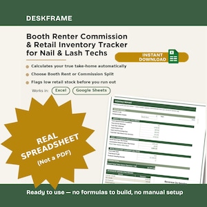 May include: A digital spreadsheet tracker for nail and lash technicians titled Booth Renter Commission & Retail Inventory Tracker. It features an instant download icon, compatibility with Excel and Google Sheets, and a monthly report preview.