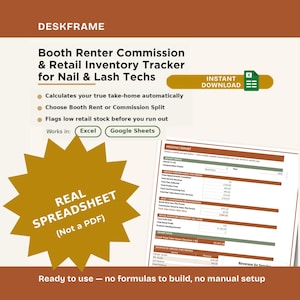 May include: A digital Booth Renter Commission & Retail Inventory Tracker for Nail & Lash Techs. The spreadsheet features a monthly report layout with sections for service performance, rent reconciliation, and inventory snapshots. Works in Excel and Google Sheets.