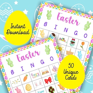 Bingo de Pascua para imprimir 50 tarjetas de bingo únicas para imprimir en Pascua, juego de fiesta de Pascua, tarjetas de bingo para fiestas en el aula, actividad de Pascua para niños, juego de bingo
