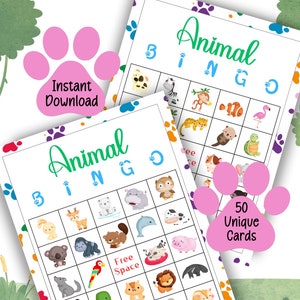 Bingo de animales para imprimir, 50 tarjetas de bingo únicas para imprimir con animales, juego de fiesta, tarjetas de bingo para fiestas en el aula, regreso a clases, actividad de bingo para niños