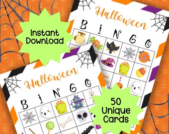 May include: Two printable Halloween Bingo cards with a green starburst shape that says "50 Unique Cards". The cards feature a variety of Halloween themed images, including ghosts, pumpkins, bats, candy corn, and witches hats. The text "Halloween Bingo" is at the top of each card.
