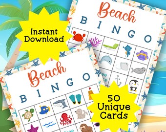 Beach Summer Bingo Printable: 50 Unique Bingo Cards Summer Printable Party Game Bingo Cards Beach Party Kid's Activity Summer Vacation Bingo