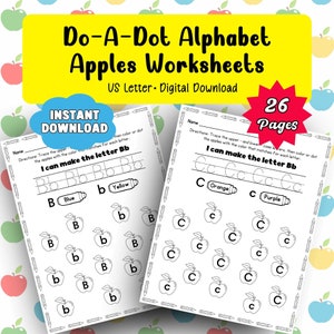 Op de afbeelding: Een set van 26 printbare werkbladen voor kinderen om het alfabet te oefenen. Elk werkblad bevat een andere letter van het alfabet en bevat een lijn om de letter te traceren, evenals een sectie om appels in te kleuren met de overeenkomstige letter.