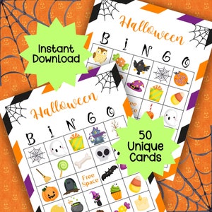 Afdrukbare Halloween-bingo: 50 unieke bingokaarten Afdrukbare Halloween-feestspel Bingokaarten Klaslokaal Feestactiviteit Spelschool