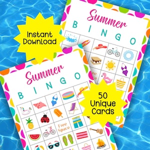 Bingo de verano imprimible: 50 cartones de bingo únicos Juego de fiesta imprimible de verano Cartones de bingo Fiesta en el aula Actividad para niños Bingo de vacaciones de verano