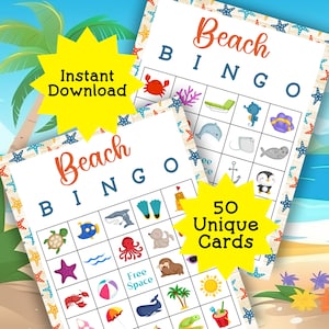 Praia Verão Bingo Imprimível: 50 Cartões de Bingo Exclusivos Verão Jogo de Festa Cartões de Bingo Imprimíveis Festa na Praia Atividade Infantil Férias de Verão Bingo