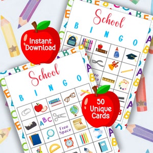 Bingo de regreso a la escuela imprimible, 50 tarjetas de bingo únicas imprimibles en la escuela, juego de fiesta, fiesta en el aula de tarjetas de bingo, bingo escolar de actividades para niños