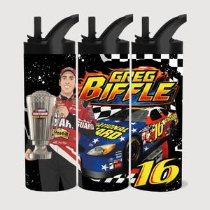 May include: Three water bottles with black lids and a black spout. The bottles feature racing graphics, including a driver holding a trophy, a race car, and the name "Greg Biffle" with the number "16". The background is black with white star-like accents.