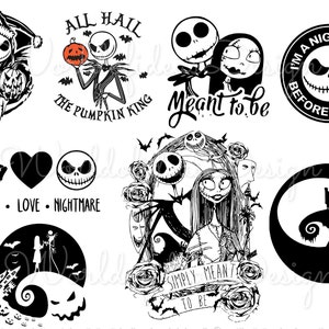 Op de afbeelding: Zwart-witte illustraties met de personages Jack Skellington en Sally uit de film The Nightmare Before Christmas. De illustraties bevatten verschillende citaten en zinnen uit de film, zoals "All Hail The Pumpkin King", "Meant to be" en "I'm a Nightmare Before Coffee".
