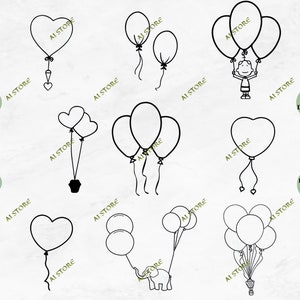 9 Balloons SVG, Balloon Cut File, Balloon Silhouette, Birthday Party Celebration PNG, Heart Balloon SVG,Digital Download,Clipa