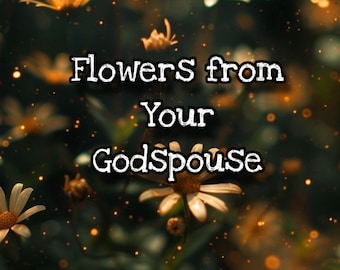 Pode incluir: Uma imagem desfocada de flores brancas com uma sobreposição de texto que diz "Flowers from Your Godspouse". O fundo é verde escuro com um efeito bokeh de luzes douradas.