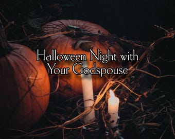 Może przedstawiać: Dwie pomarańczowe dynie otoczone suchymi, splątanymi pnączami i kilkoma zapalonymi białymi świecami. Tekst "Halloween Night with Your Godspouse" jest wyśrodkowany na środku obrazu, nałożony na dynie i środkową świecę.
