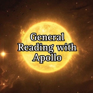 May include: A yellow sun with the text "General Reading with Apollo" superimposed on it against a dark blue background with stars.