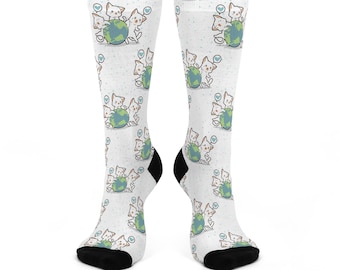 Cat Earth Socks | Environmental Cat Lover Gift for Birthday and Holidays | Fun Cat Socks | Unique Feline and Earth Design | Soft Cozy Socks