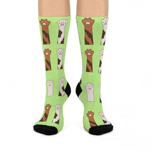 Soft Green Crew Socks with Multi-Colored Cat Paws | Cute Novelty Animal Lover Socks Gift | Cozy Cotton Socks with Funny Kitten Paw Design