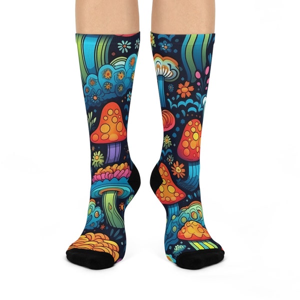 Mushroom Cushioned Crew Socks, Mushroom Socks, Cozy Socks, Cute Socks, Nature Socks, Psychedelic Socks, Colorful Socks