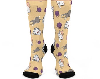 Kawaii Cat Socks with Yarn Balls | Playful Cat Lover Socks | Comfy and Stylish Novelty Crew Socks for Everyday Wear | Fun Animal Lover Gift
