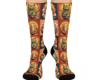 Ramen Cats Pattern Socks | Japanese Inspired Maneki Neko Design | Cat Socks Unique Style | Cat Lover Gift | Fun Casual Fashion Socks Unisex